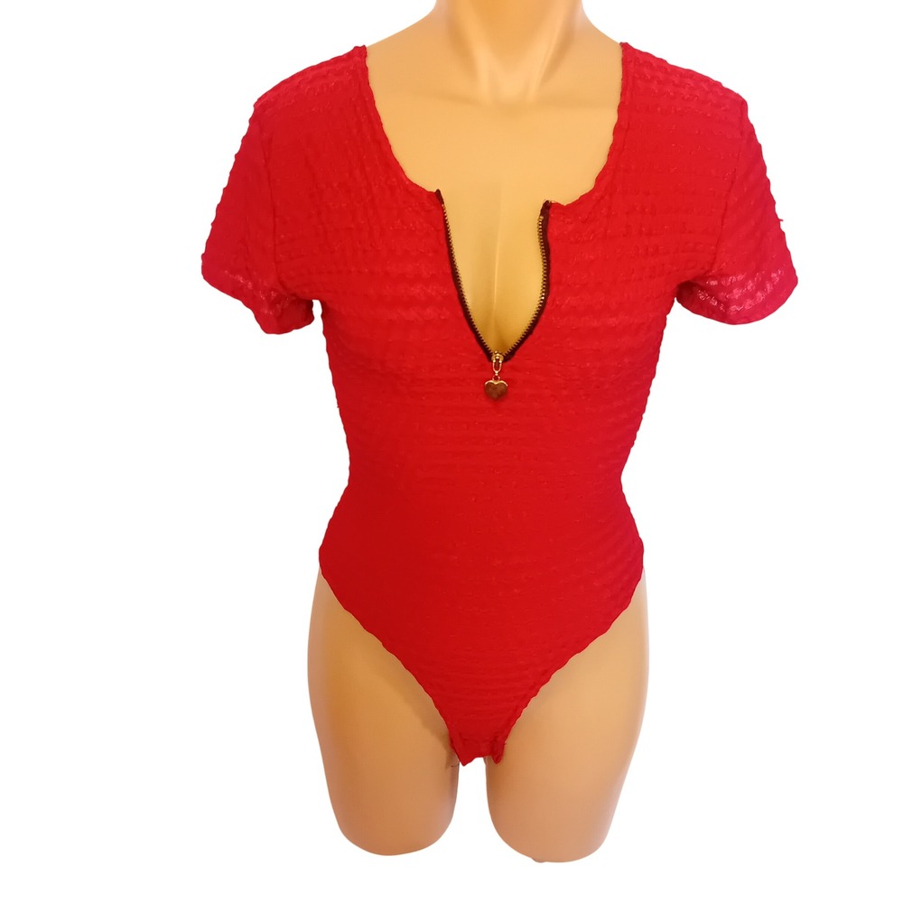Vintage 70s Intime Lingerie Bodysuit Textured Heart Zip‎ Retro Coquette Pinup M